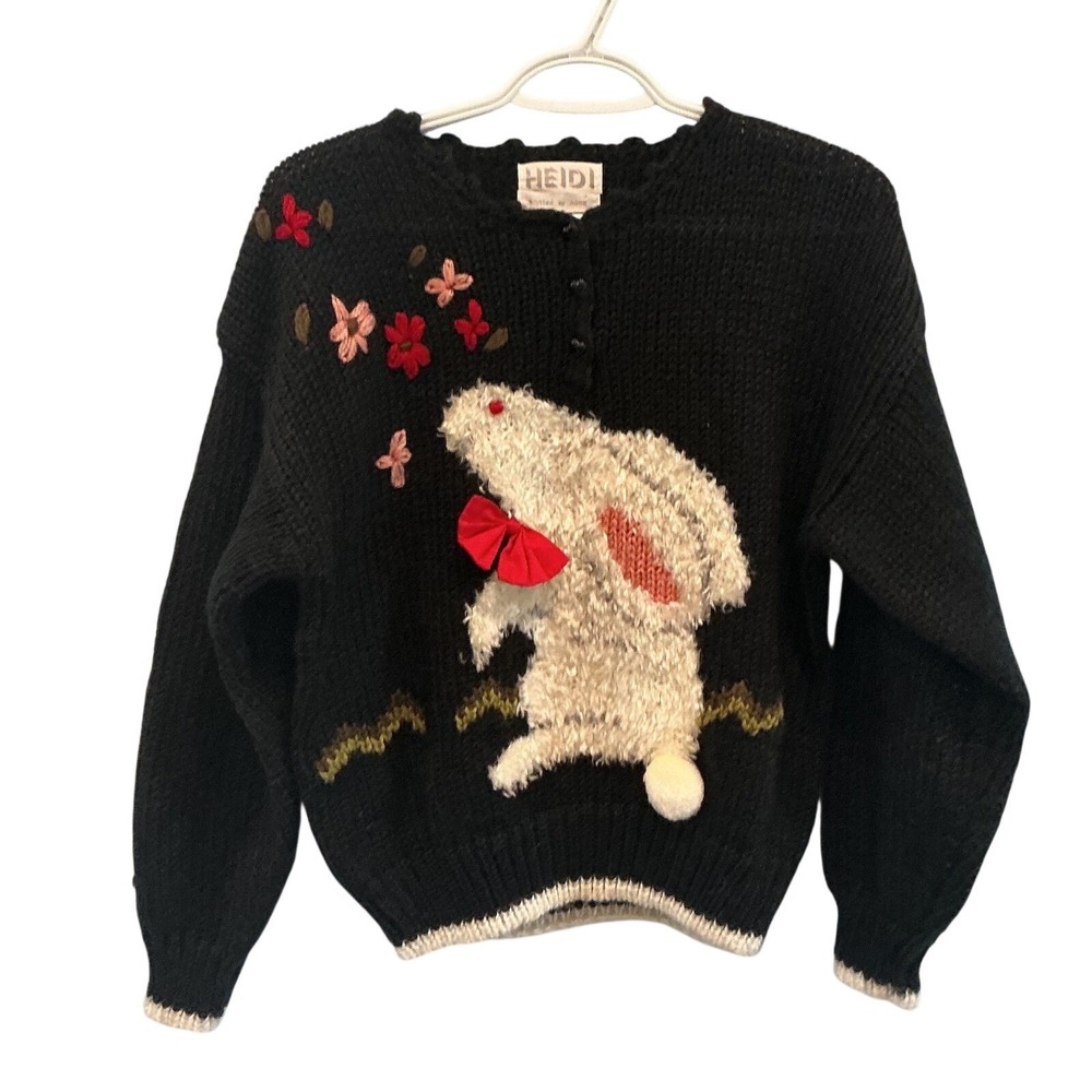 Vintage Heidi Womens Sweater S Black Bunny Rabbit Hand Knit Floral Novelty Bow